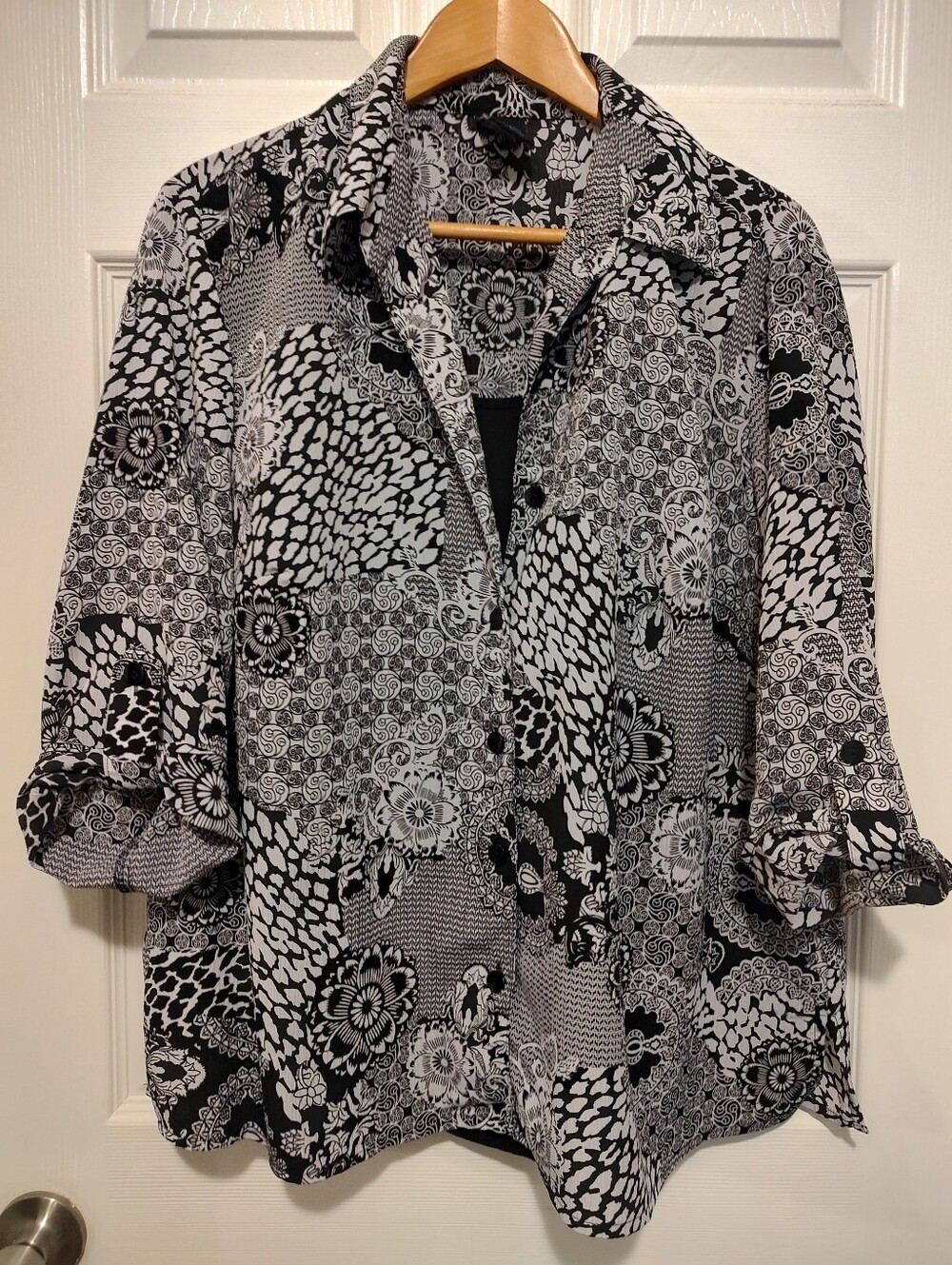 George Black and White Patchwork Floral Button-Down Shirt